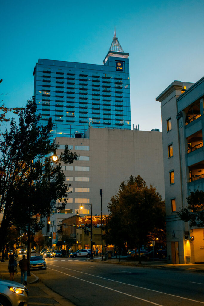 downtown raleigh nc street during sunset