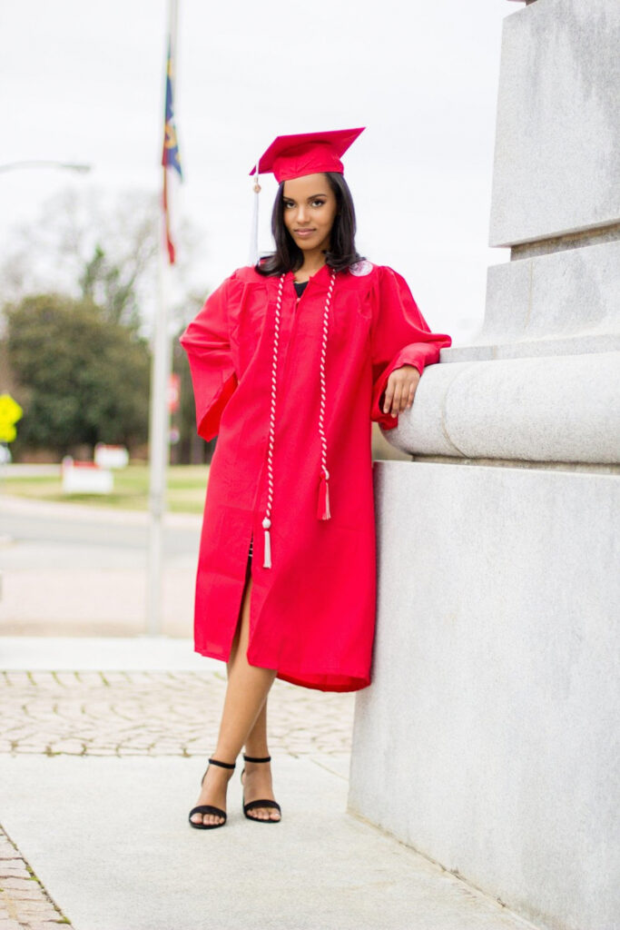 Iconic NC State University Bell Tower in senior photoshoot pose
