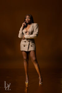 Full body portrait in blazer mini dress for Raleigh birthday photoshoot
