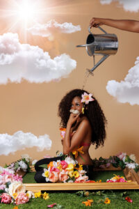 Dreamy birthday photoshoot set edit with teen girl, moss, gold frame, florals, clouds, and a baby chick